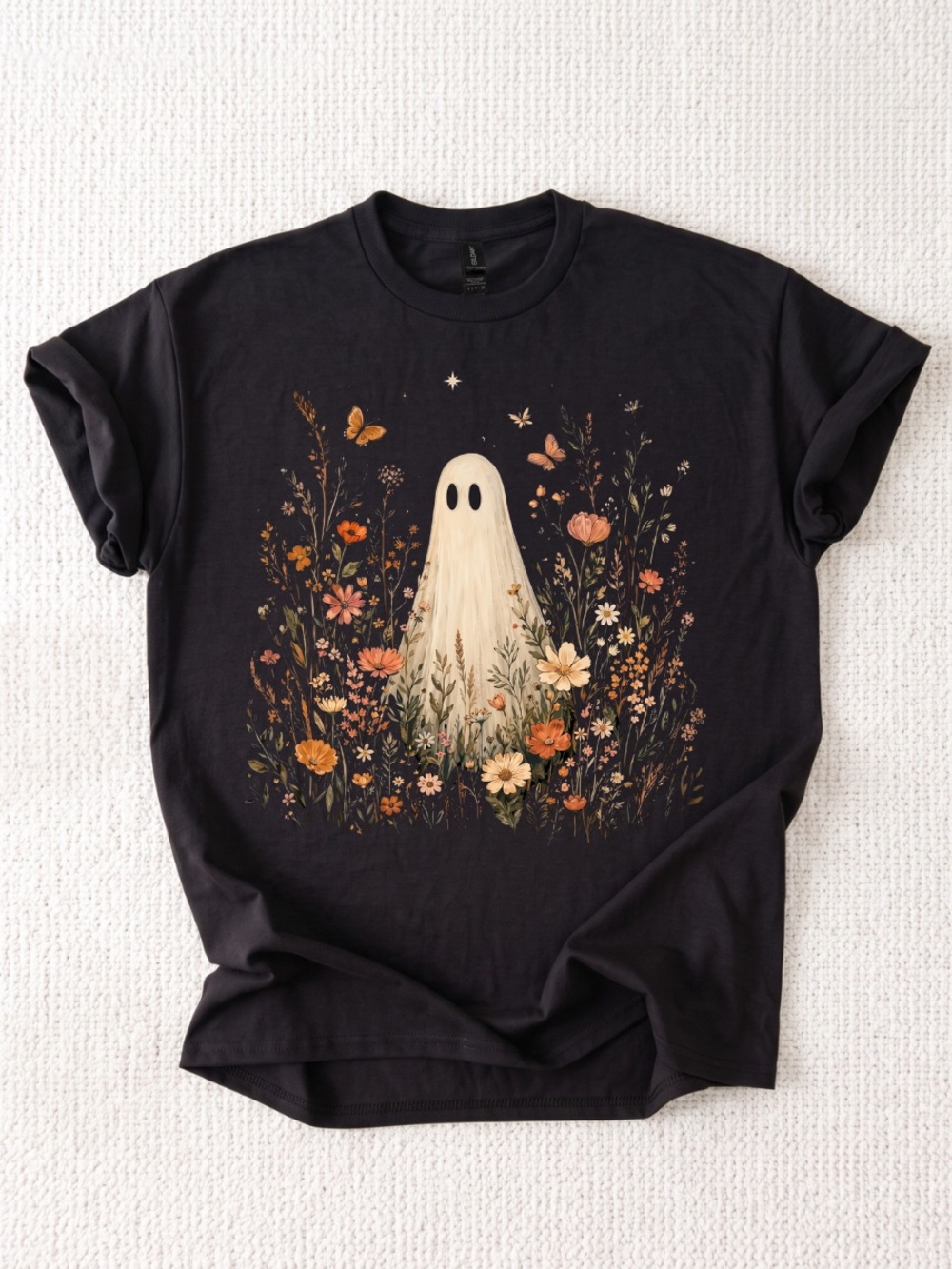 Gildan Black Tee with Ghost and Autumn Floral Graphic
